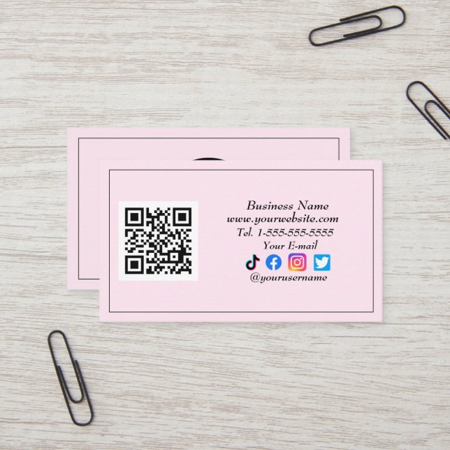 Carte De Visite Médias sociaux QR Code Logo Black Influencer rose (Devant/Arrière en situation)