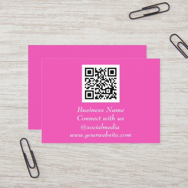 Carte De Visite Médias sociaux QR Code scanner Neon rose (Devant/Arrière en situation)