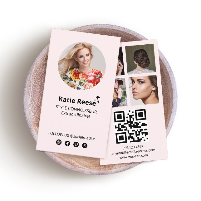 Carte De Visite Médias sociaux roses, Grille photo, Code QR (pink 3 photo grid instagram social media networking business card with QR code)