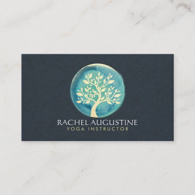 Carte De Visite Méditation Yoga Instructeur Elégant Arbre Turquois (Devant)