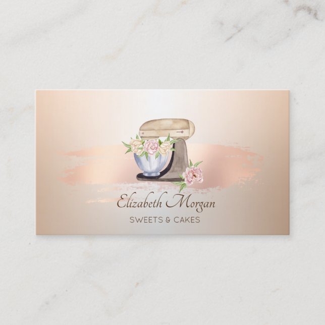 Carte De Visite Mélangeur Rose à fleurs rétro Brush or Boulangerie (Devant)