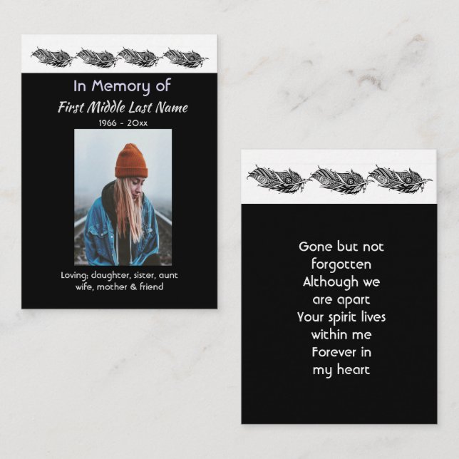 Carte De Visite Memorial Keepsake Feather Tribal Boho  (Devant / Derrière)