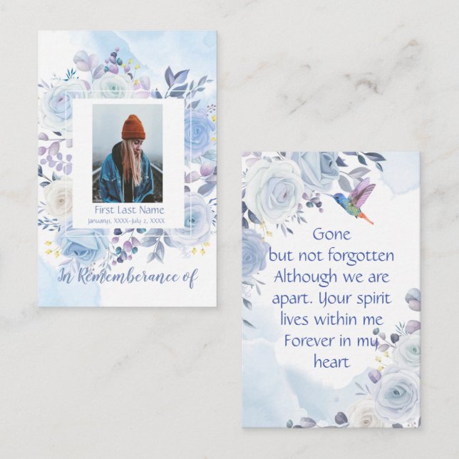 Carte De Visite Memorial Keepsaké Hummingbird Roses bleus (Devant / Derrière)