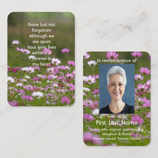 Carte De Visite Memorial Photo Prayer Beautiful Wild Cosmos Flower (Devant / Derrière)