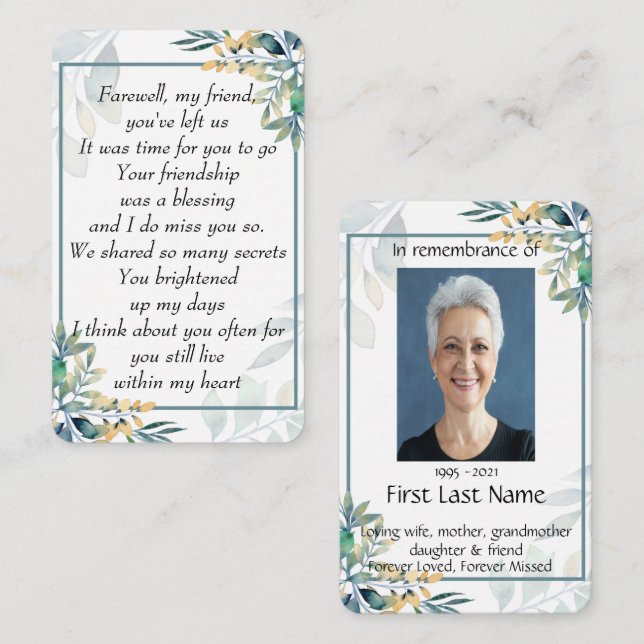 Carte De Visite Memorial Photo Prayer Teal Farewell My Friend  (Devant / Derrière)