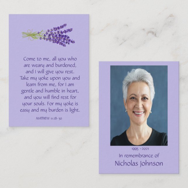 Carte De Visite Memorial Photo Prière Lavande Jardin Fleur Mauve (Devant / Derrière)