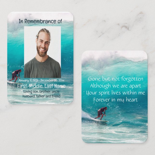 Carte De Visite Memorial Poche Keepsaké Wave Surfer Eau (Devant / Derrière)