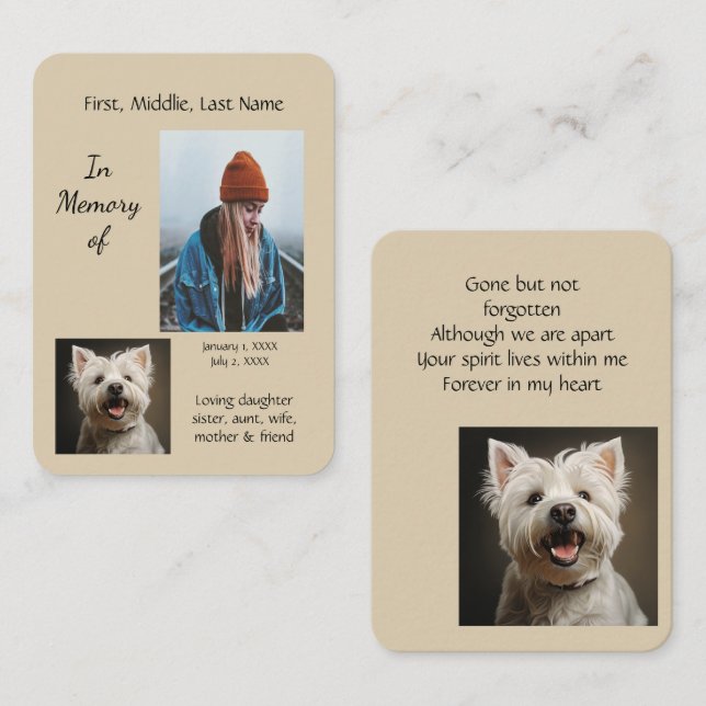 Carte De Visite Memorial Poket Keepsaké West Highland Chien (Devant / Derrière)