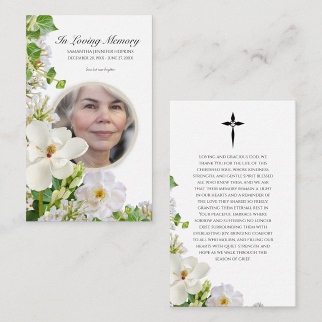 Carte De Visite Memorial Prayer Card With White Flowers (Devant / Derrière)