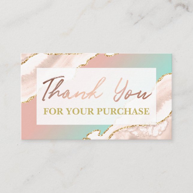 Carte De Visite Merci bleu rose Glam Agate Pour Votre Achat (Devant)