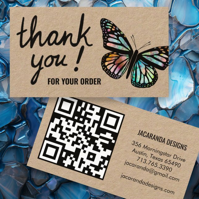 Carte De Visite Merci de papillons pour votre commande QR Code Kra (Kraft paper custom thank you for your order business cards with QR code and butterfly design)