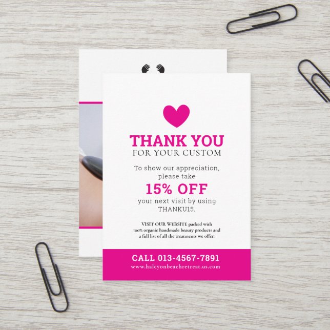 Carte De Visite Merci photo beauté promo blanc rose affaires (Devant/Arrière en situation)