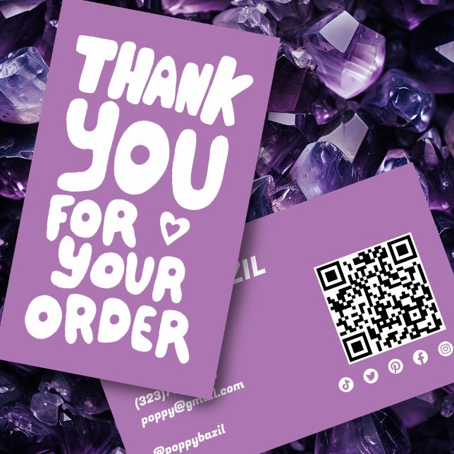 Carte De Visite Merci pour commander des icônes sociales QR Code p (Thank You for Order Social Icons QR Code Purple Business Card
Hand Lettering Bubble Letters)