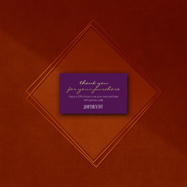 Carte De Visite Merci POUR L'ACHAT Code remise Violet Or (Thank You FOR PURCHASE Discount Code Violet Gold Business Card)
