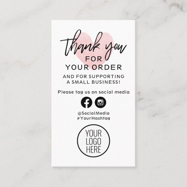 Carte De Visite Merci pour votre commande Coeur noir et rose (Devant)