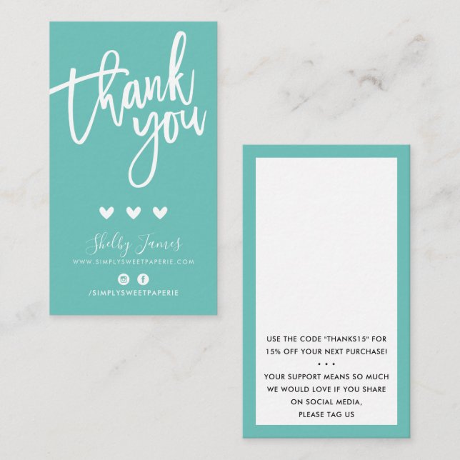 Carte De Visite MERCI POUR VOTRE COMMANDE insérer vert menthe mode (Devant / Derrière)