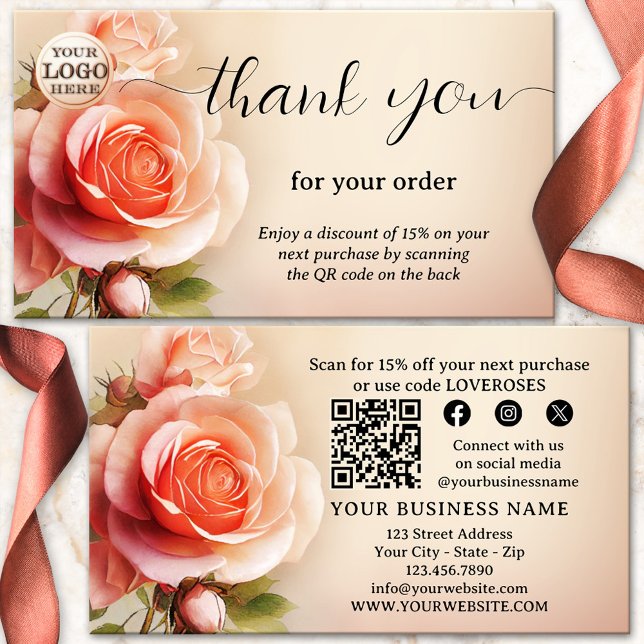 Carte De Visite Merci Rose Élégant Pour Votre Commande (Thank you for your order business card featuring a painting of a beautiful rose - with QR code)