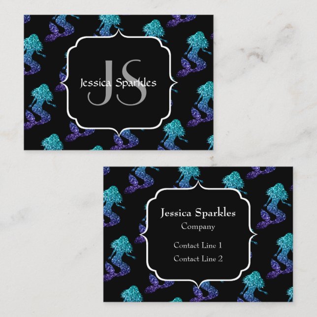 Carte De Visite Mermaid aqua bleu ombre motif Monogramme (Devant / Derrière)