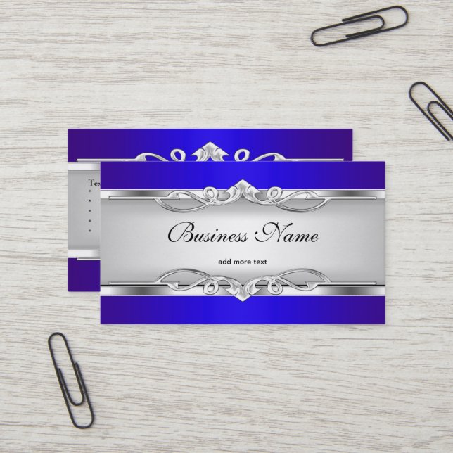 Carte De Visite Métal Bleu Chrome look élégant Style Blanc Argent (Devant/Arrière en situation)