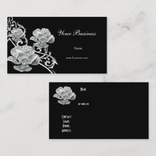 Carte De Visite Métal Noir Élégant Aspect Argent Bijou Floral