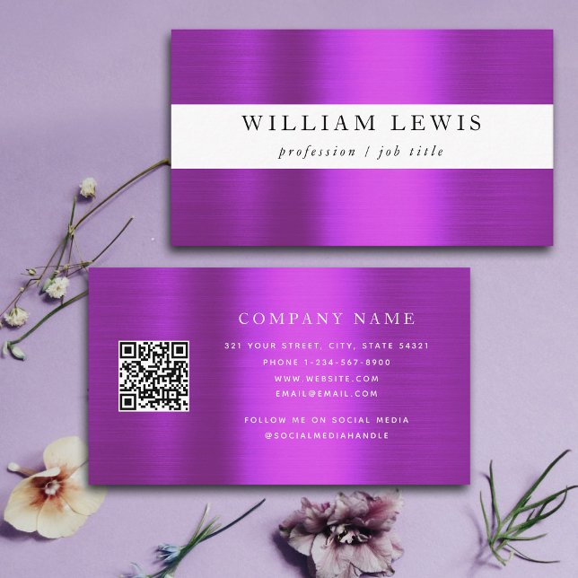Carte De Visite Metallo Purple Professional QR Code Social Media (Metallic Purple Professional QR Code Social Media Business Card)