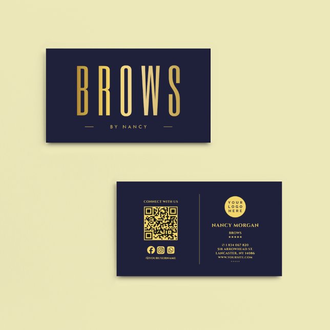Carte De Visite Microblading Brows QR Code Logo Navy et Or  (Créateur téléchargé)