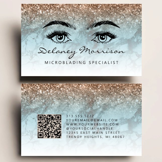 Carte De Visite Microblading Code QR Yeux Marbre Bronze Turquoise (Créateur téléchargé)