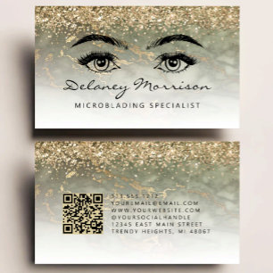 Carte De Visite Microblading Code QR Yeux Marbre Or Vert Olive