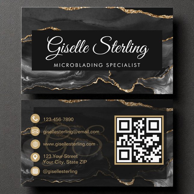 Carte De Visite Microblading QR Code Black Gold Agate Luxe (Créateur téléchargé)