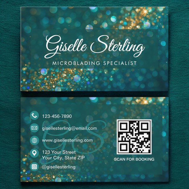 Carte De Visite Microblading Turquoise Gold Parties scintillant QR (Créateur téléchargé)