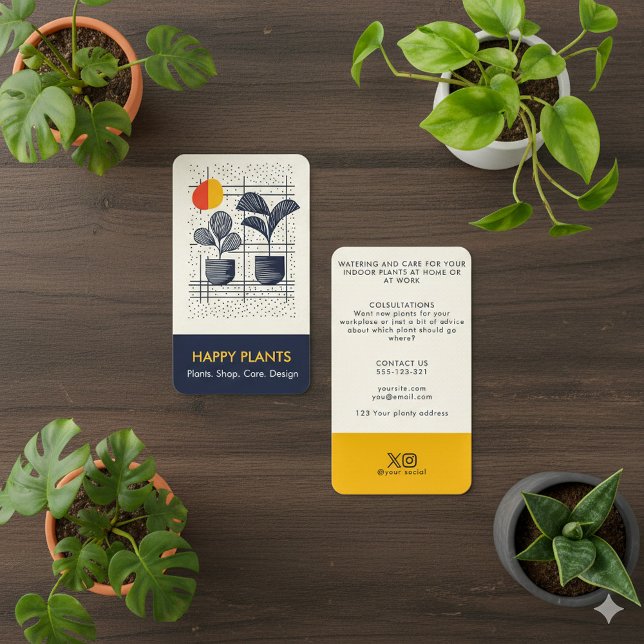 Carte De Visite Mid Century fun Modern House Plante Jaune et Marin (Mid Century fun Modern House Plant Yellow and Navy bold Business Card.)