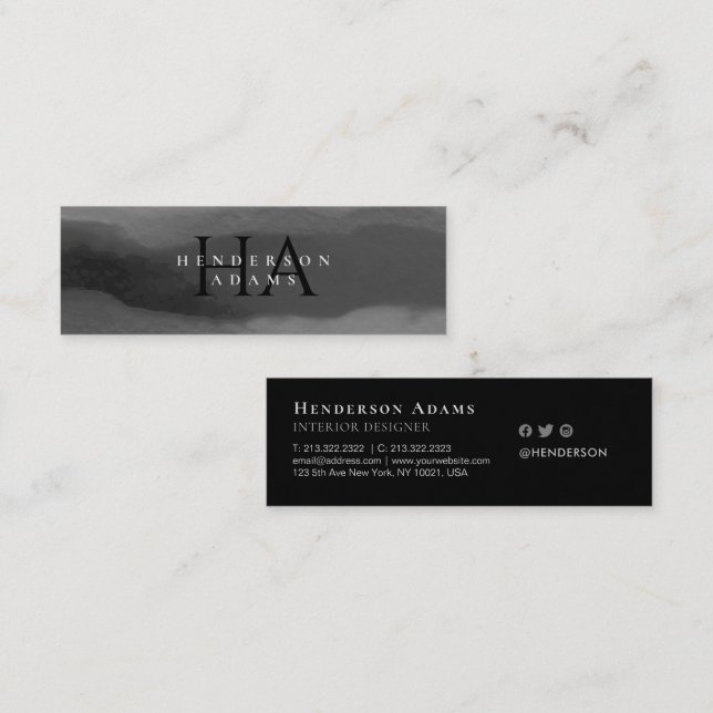 Carte De Visite Mini Aquarelle noire et blanche Monogramme Abstrait ond (Devant / Derrière)