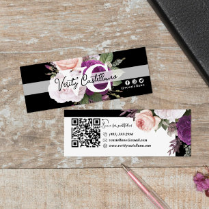 Carte De Visite Mini Black Blanc Vintage Rose Floral Moderne QR personn