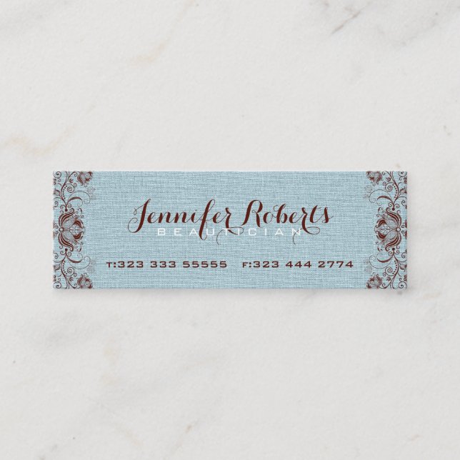 Carte De Visite Mini Bleu Burlap Lin & Brown Floral & dentelle (Devant)