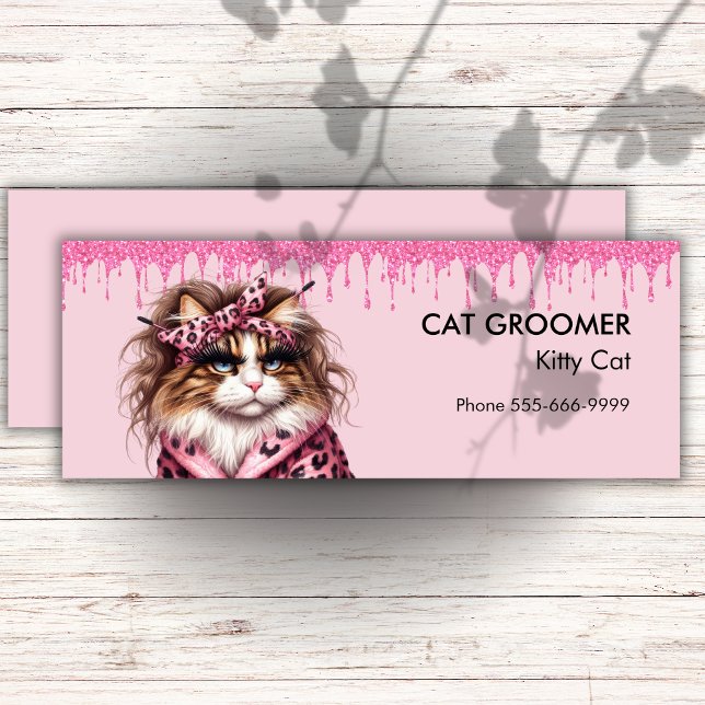 Carte De Visite Mini Chic Cat Groomer Sitter Parties scintillant rose g (Créateur téléchargé)