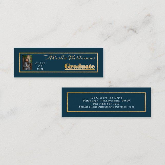 Carte De Visite Mini Classy Elegant Gold Text Graduate Photo Dk Turquoi (Devant / Derrière)