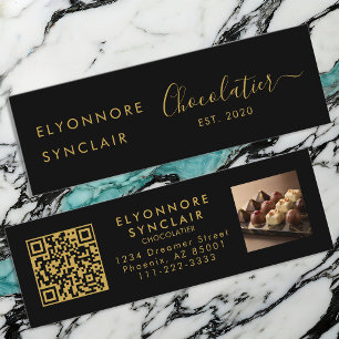 Carte De Visite Mini Code QR de Chocolatier Script Or Noir Premium