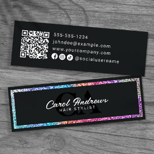 Carte De Visite Mini Code QR de Modern Rainbow Glitter & Black Coiffeur