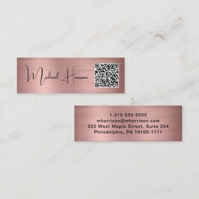 Carte De Visite Mini Code QR moderne Signature Script Rose or (Devant / Derrière)