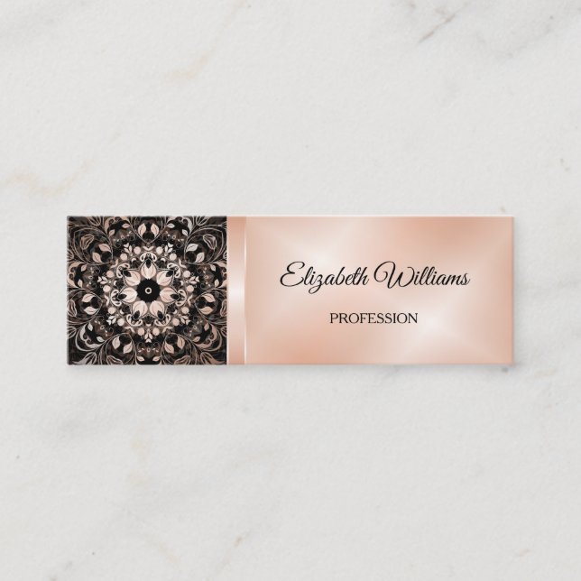 Carte De Visite Mini Code QR | Rose Gold Black Floral Mandala (Devant)