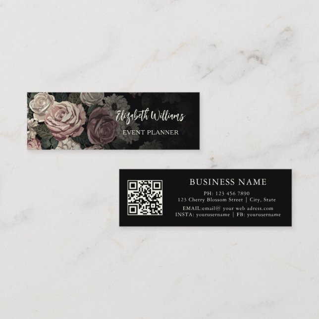 Carte De Visite Mini Code QR | Roses Blush Noir (Devant / Derrière)