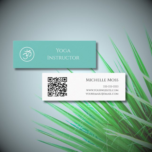 Carte De Visite Mini Code QR Yoga Instructeur Om Symbole Vert Turquoise (Créateur téléchargé)