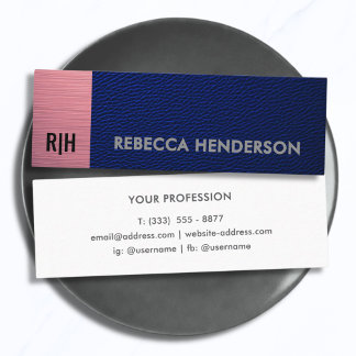Carte De Visite Mini Cuir Navy Blue Premium & Panneau Rose Monogramme