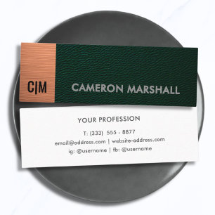 Carte De Visite Mini Cuir Vert Minimaliste Monogramme Accent Cuivre