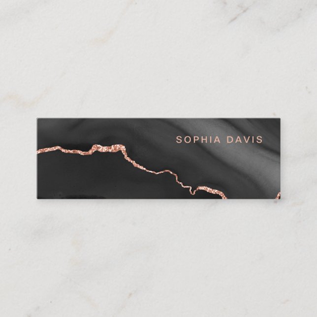 Carte De Visite Mini Élégant Agate noir avec Faux Rose Gold (Devant)