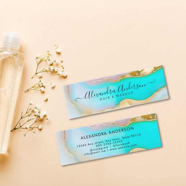 Carte De Visite Mini Élégant Blue Gold Accents Agate Marbre Opal (Elegant Blue Gold Accents Agate Marble Opal Mini Business Card)
