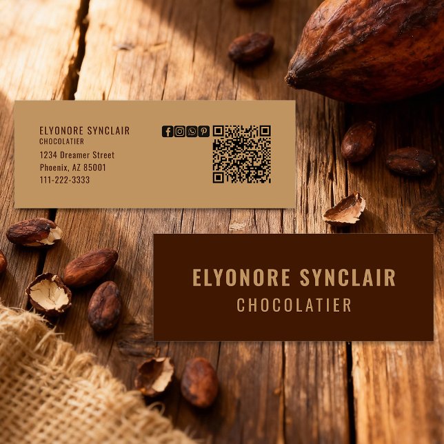 Carte De Visite Mini Elegant Brown Chocolatier Social Icon QR Code  (Créateur téléchargé)