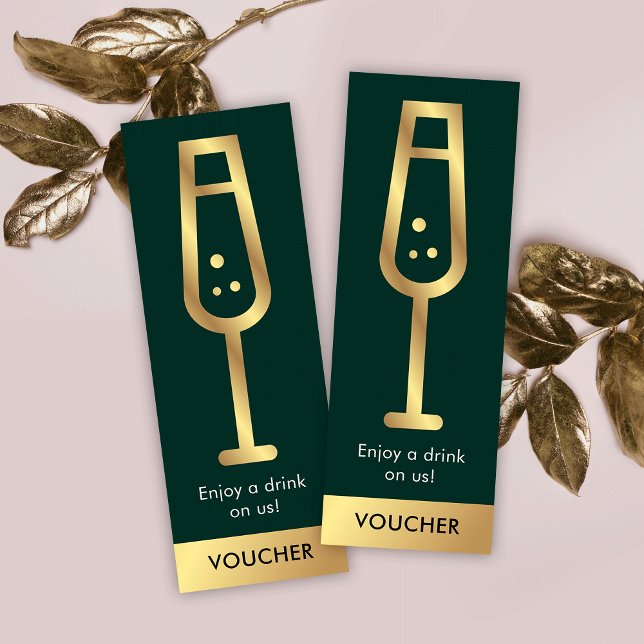 Carte De Visite Mini Green & Gold Logo Élégant événement gratuit Vouche (Green and gold free drink voucher tickets with space for your logo and brand details)