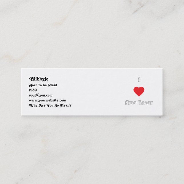 Carte De Visite Mini J'aime Jinger libre (Devant)
