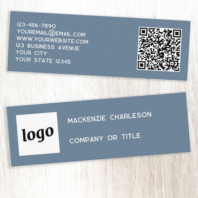 Carte De Visite Mini Logo simple et code QR Dusty Blue Grey (Logo QR code with custom text blue gray professional mini business card)